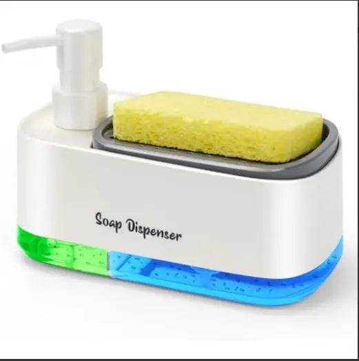 hand and dish soap dispenser set for kitchen, dual soap dispenser with sponge holder, 3-in-1 countertop soap pump dispenser for kitchen sink, useful kitchen gadgets - white