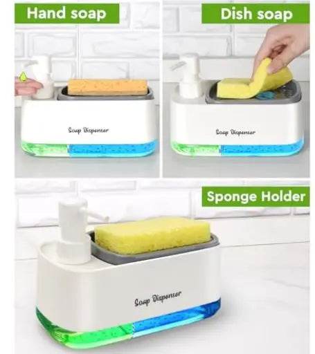 hand and dish soap dispenser set for kitchen, dual soap dispenser with sponge holder, 3-in-1 countertop soap pump dispenser for kitchen sink, useful kitchen gadgets - white