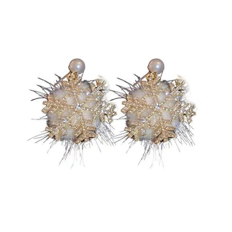 christmas snowflake earrings women's full diamond pearl plush earrings