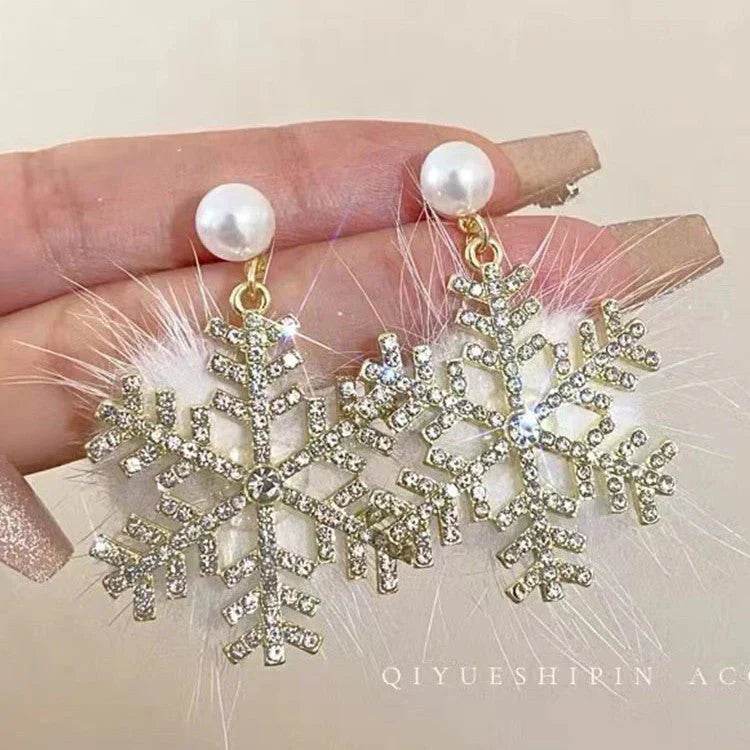 christmas snowflake earrings women's full diamond pearl plush earrings