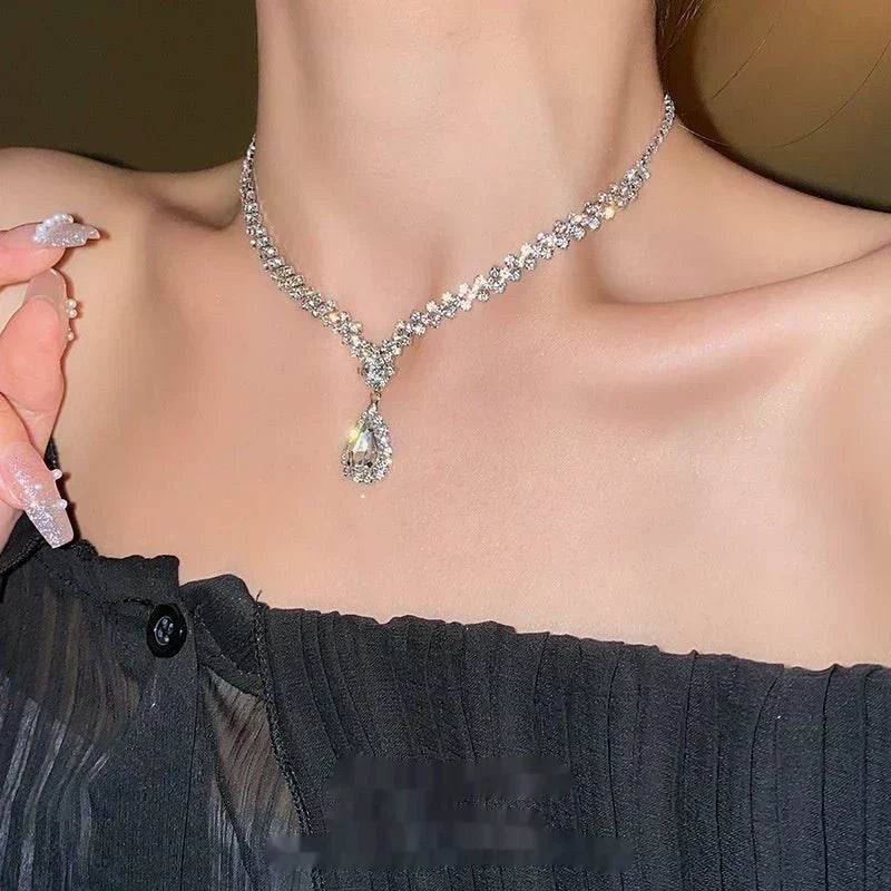 diamond water drop stitching necklace high profile